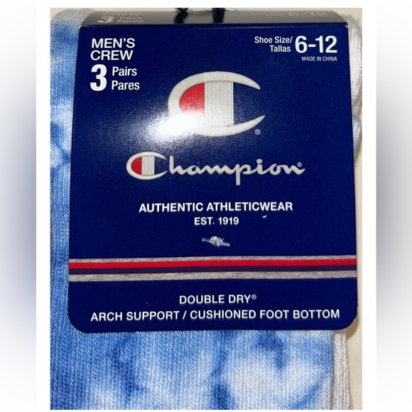 Champion Crew Sock 3 Pair Men’s 6-12 Blue White Tie Dye w Logos Cushioned NEW$17 - Picture 4 of 12